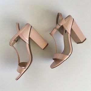 Patent T-Strap Blush Heel Sandals